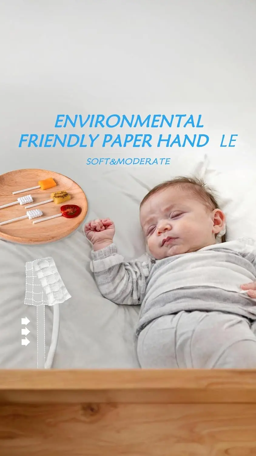 Thirty individually wrapped disposable baby toothbrushes for gentle oral cleaning of newborns and infants to remove milk stains and massage gums.