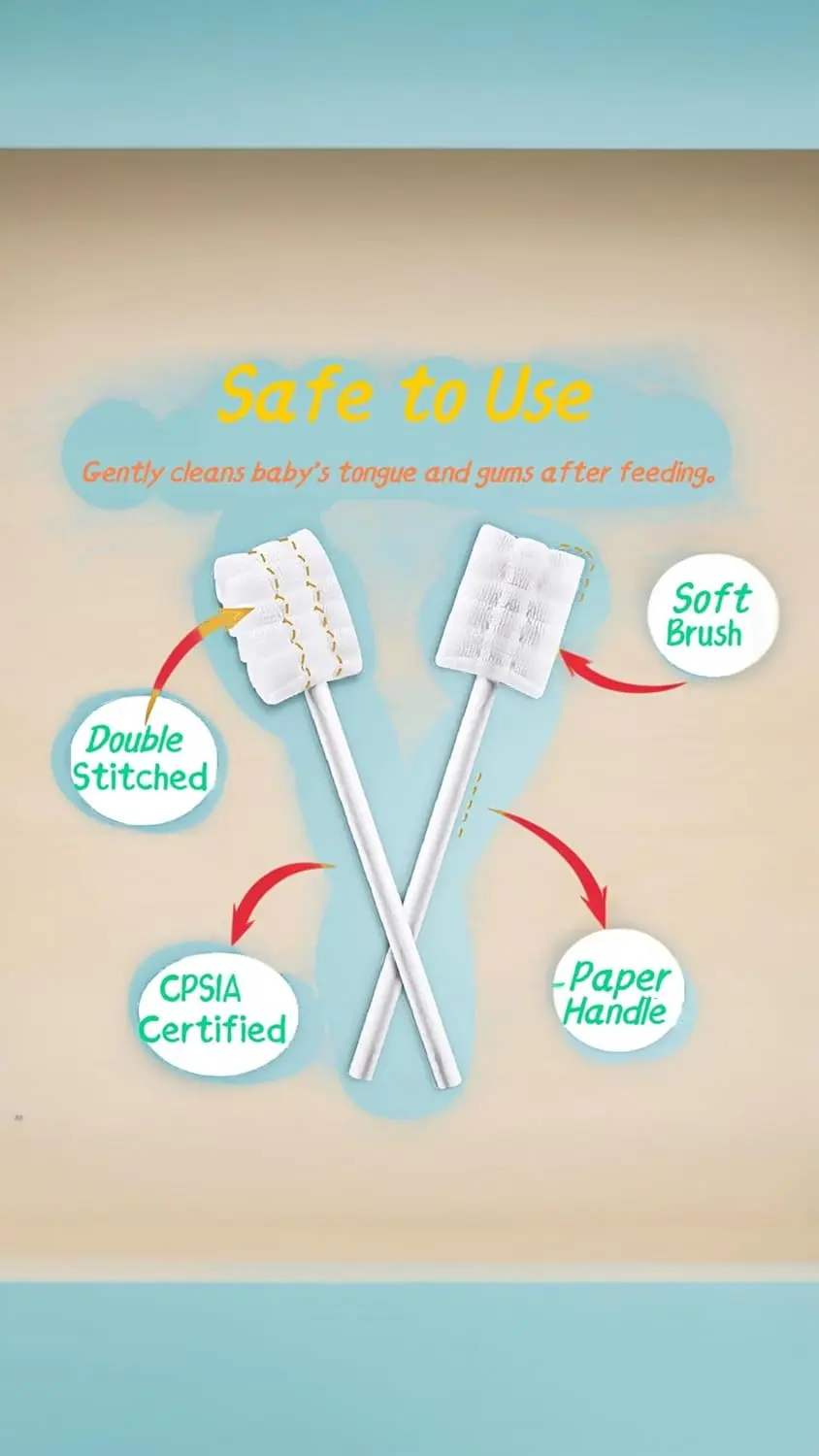 Thirty individually wrapped disposable baby toothbrushes for gentle oral cleaning of newborns and infants to remove milk stains and massage gums.