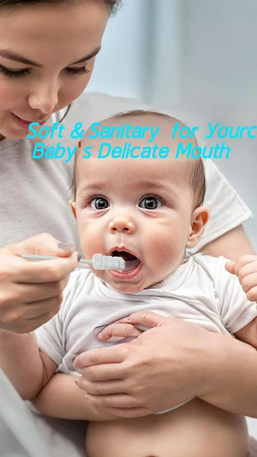 Thirty individually wrapped disposable baby toothbrushes for gentle oral cleaning of newborns and infants to remove milk stains and massage gums.