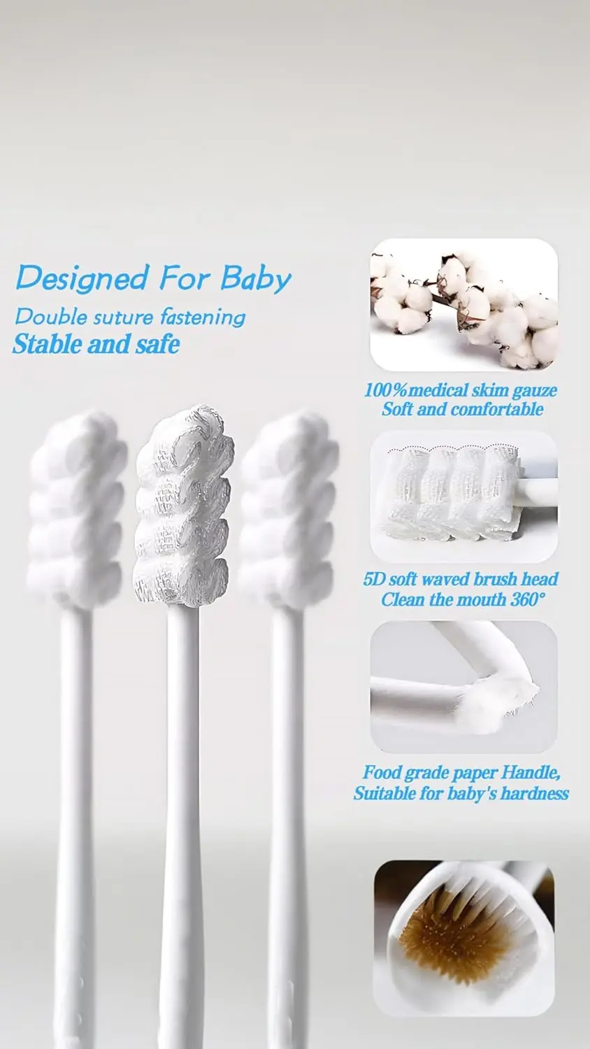 Thirty individually wrapped disposable baby toothbrushes for gentle oral cleaning of newborns and infants to remove milk stains and massage gums.