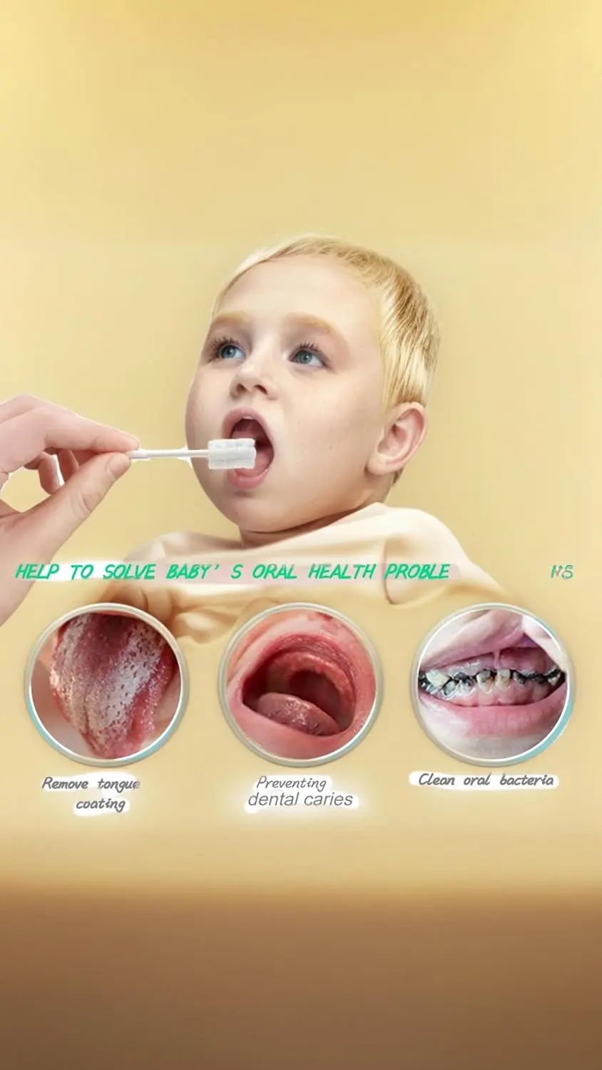 Thirty individually wrapped disposable baby toothbrushes for gentle oral cleaning of newborns and infants to remove milk stains and massage gums.