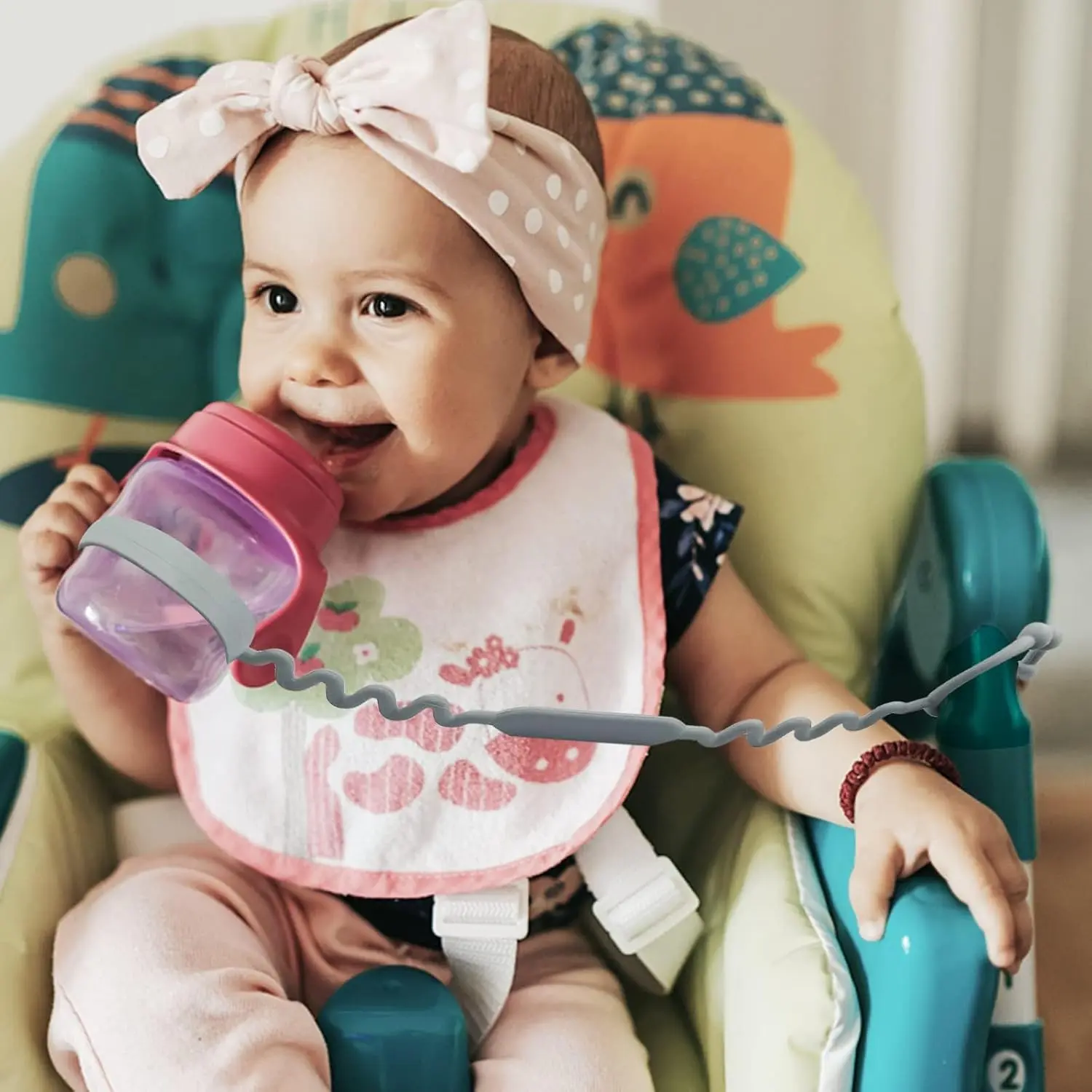 This 5 pack of colorful, adjustable baby toy straps are made of food-grade silicone and keep toys, teethers, and sippy cups securely attached to strollers, high chairs, and car seats.