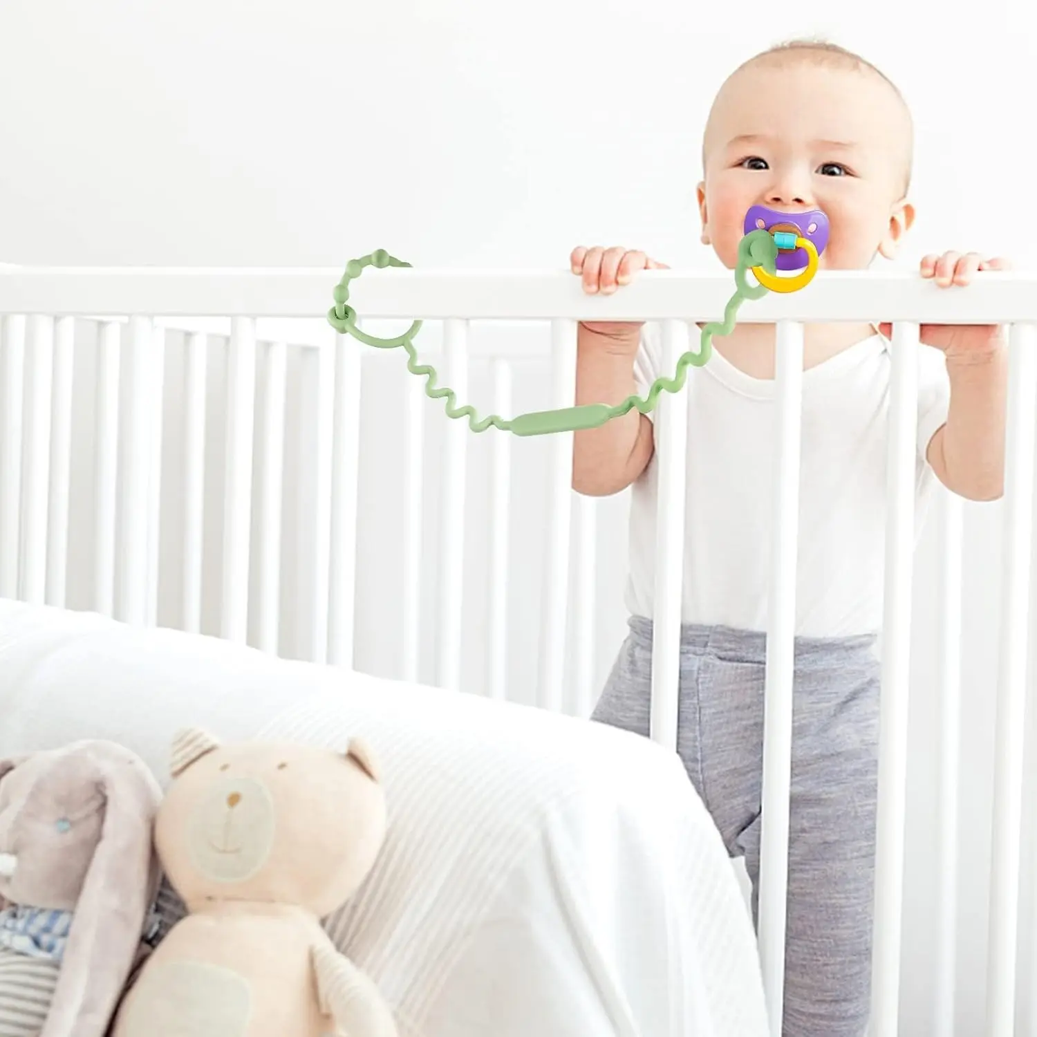 This 5 pack of colorful, adjustable baby toy straps are made of food-grade silicone and keep toys, teethers, and sippy cups securely attached to strollers, high chairs, and car seats.