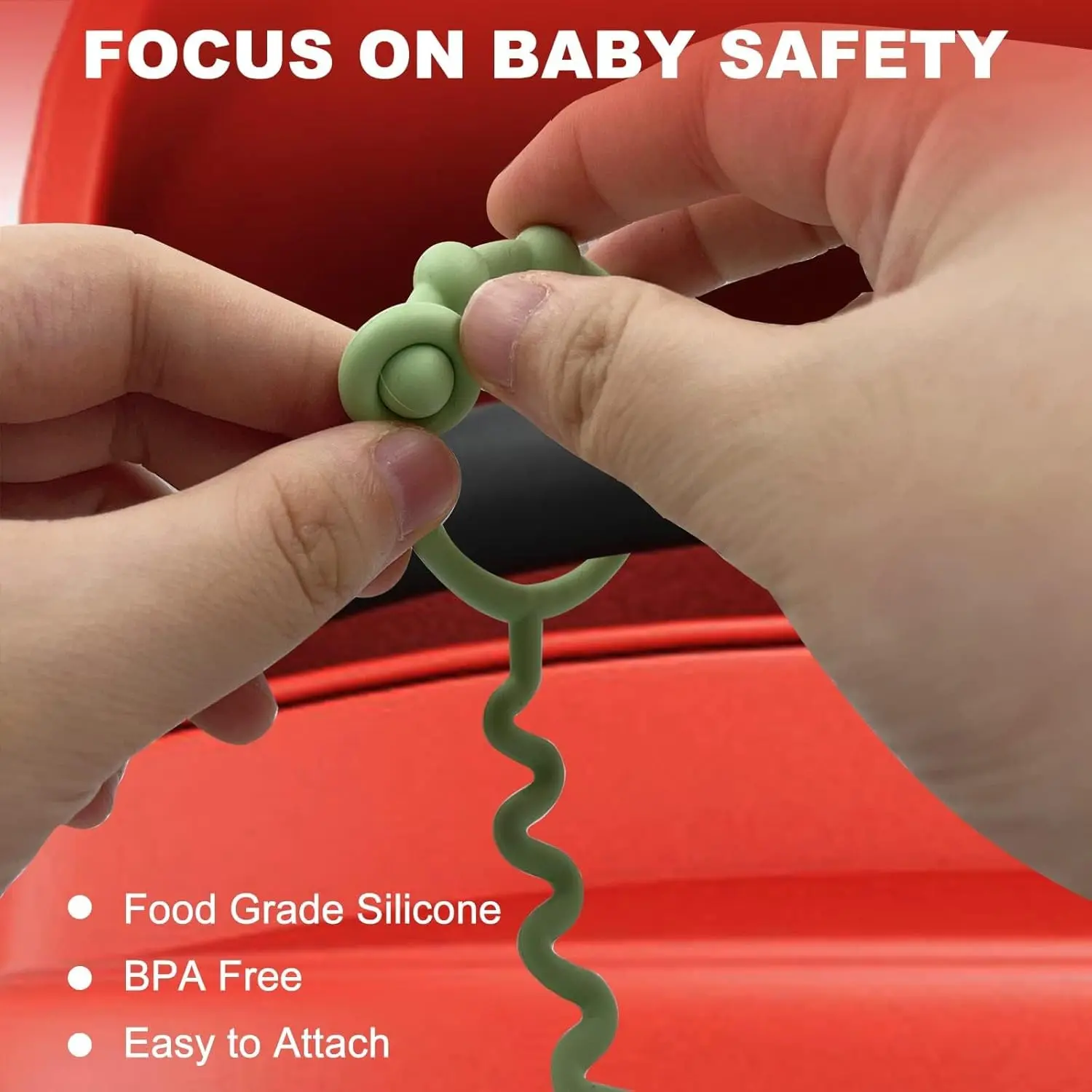 This 5 pack of colorful, adjustable baby toy straps are made of food-grade silicone and keep toys, teethers, and sippy cups securely attached to strollers, high chairs, and car seats.