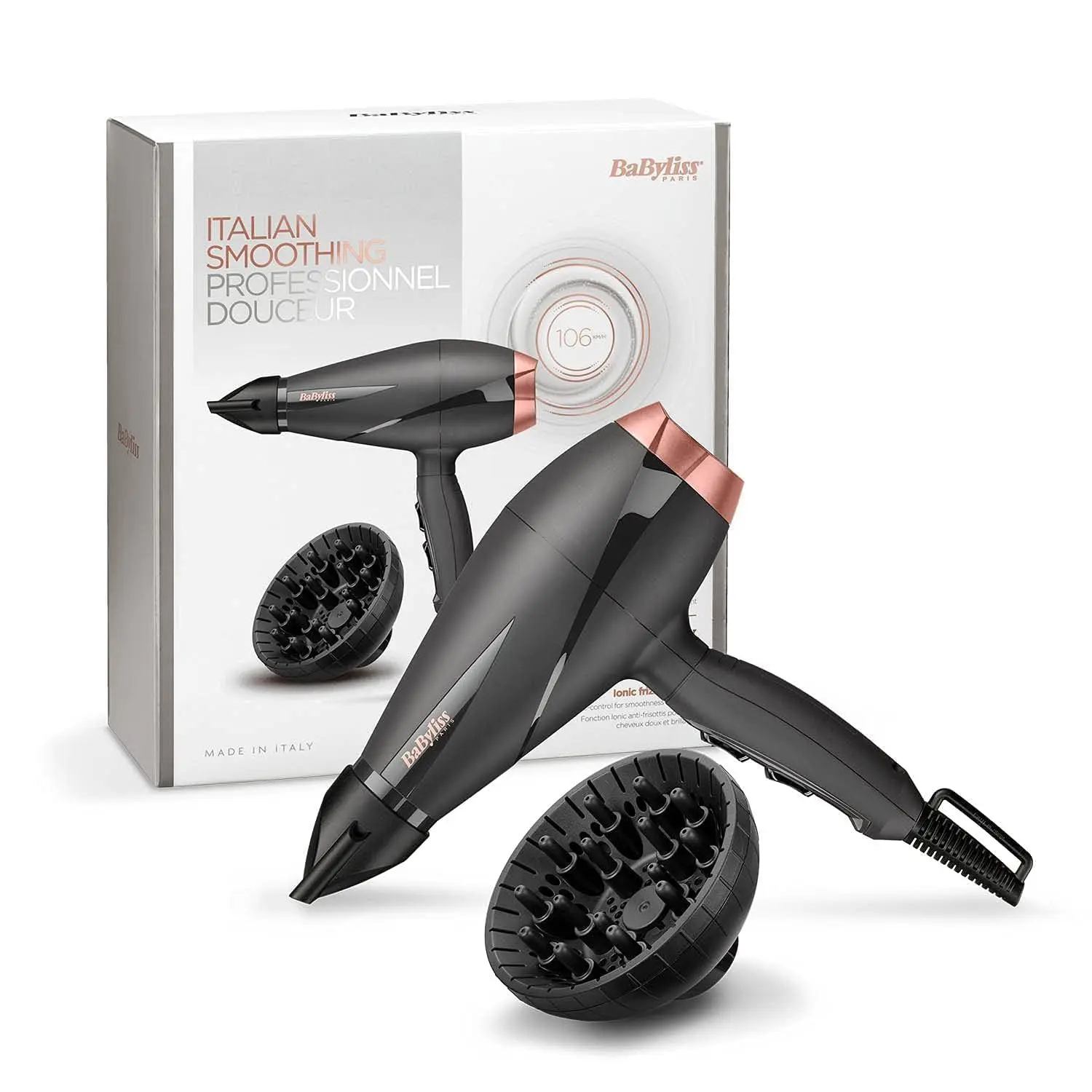 Black BaByliss Paris hair dryer with 2100W salon-grade motor and ionic technology, featuring an ultra-slim concentrator nozzle for precise styling and frizz control, crafted in Italy.