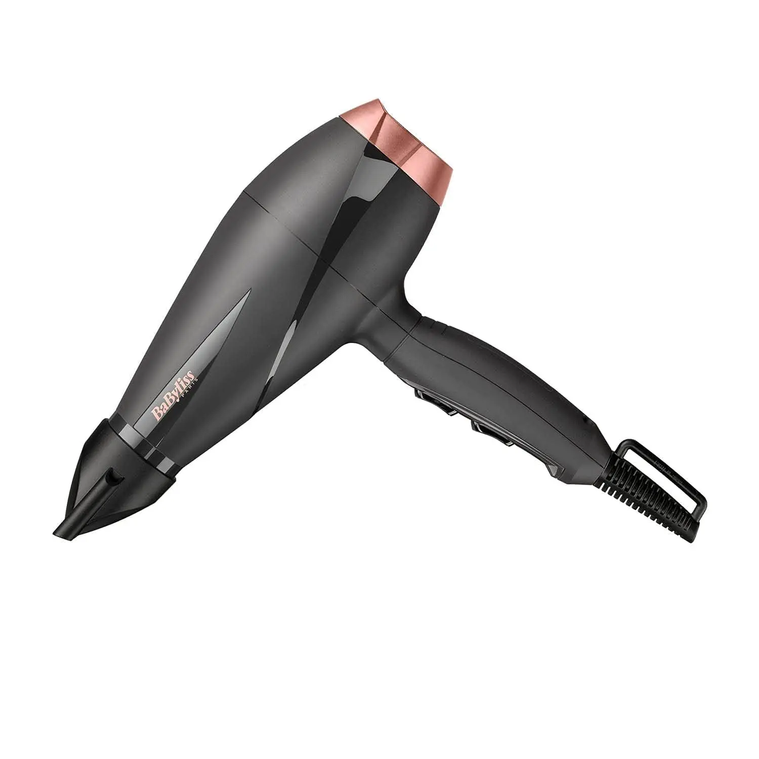Black BaByliss Paris hair dryer with 2100W salon-grade motor and ionic technology, featuring an ultra-slim concentrator nozzle for precise styling and frizz control, crafted in Italy.