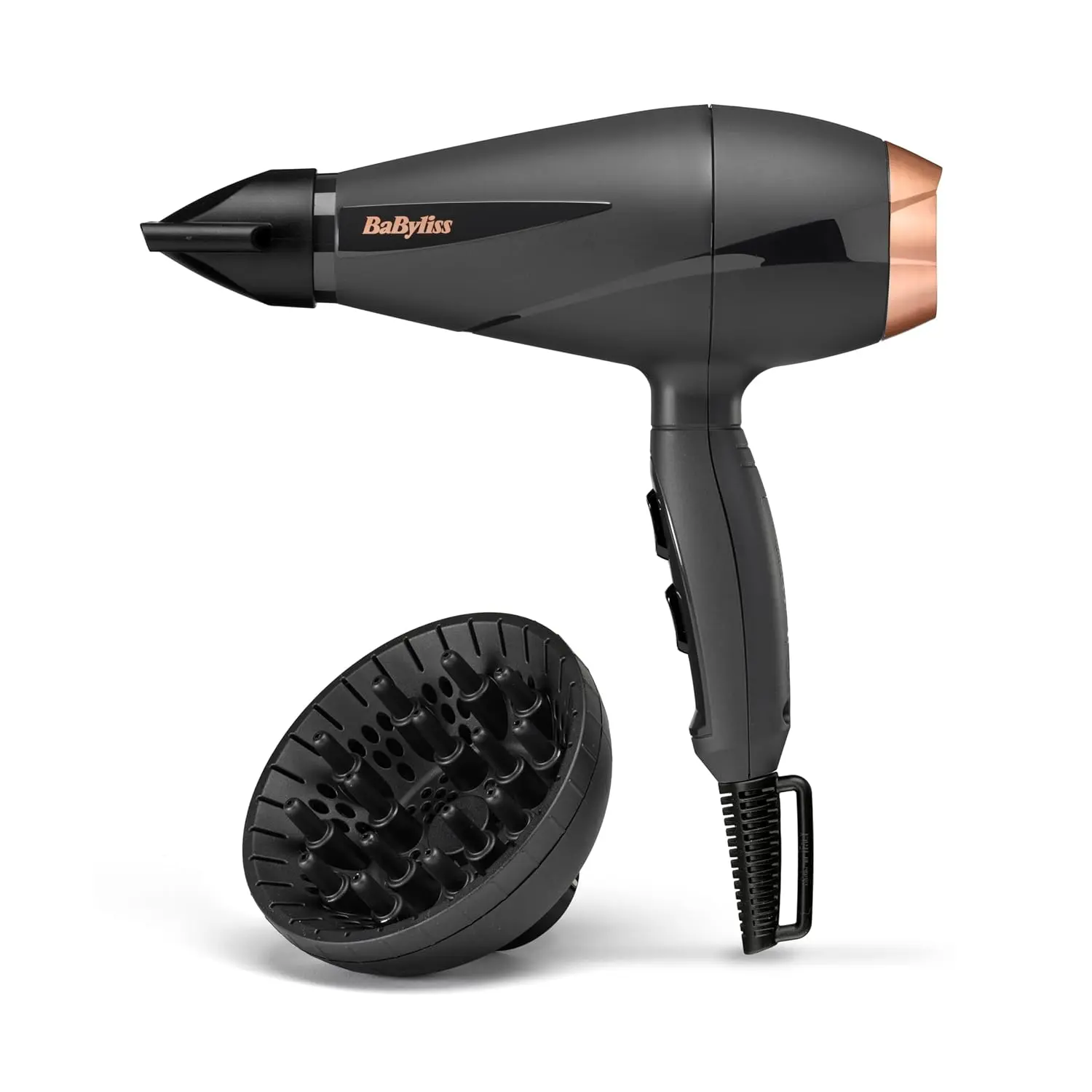 Black BaByliss Paris hair dryer with 2100W salon-grade motor and ionic technology, featuring an ultra-slim concentrator nozzle for precise styling and frizz control, crafted in Italy.