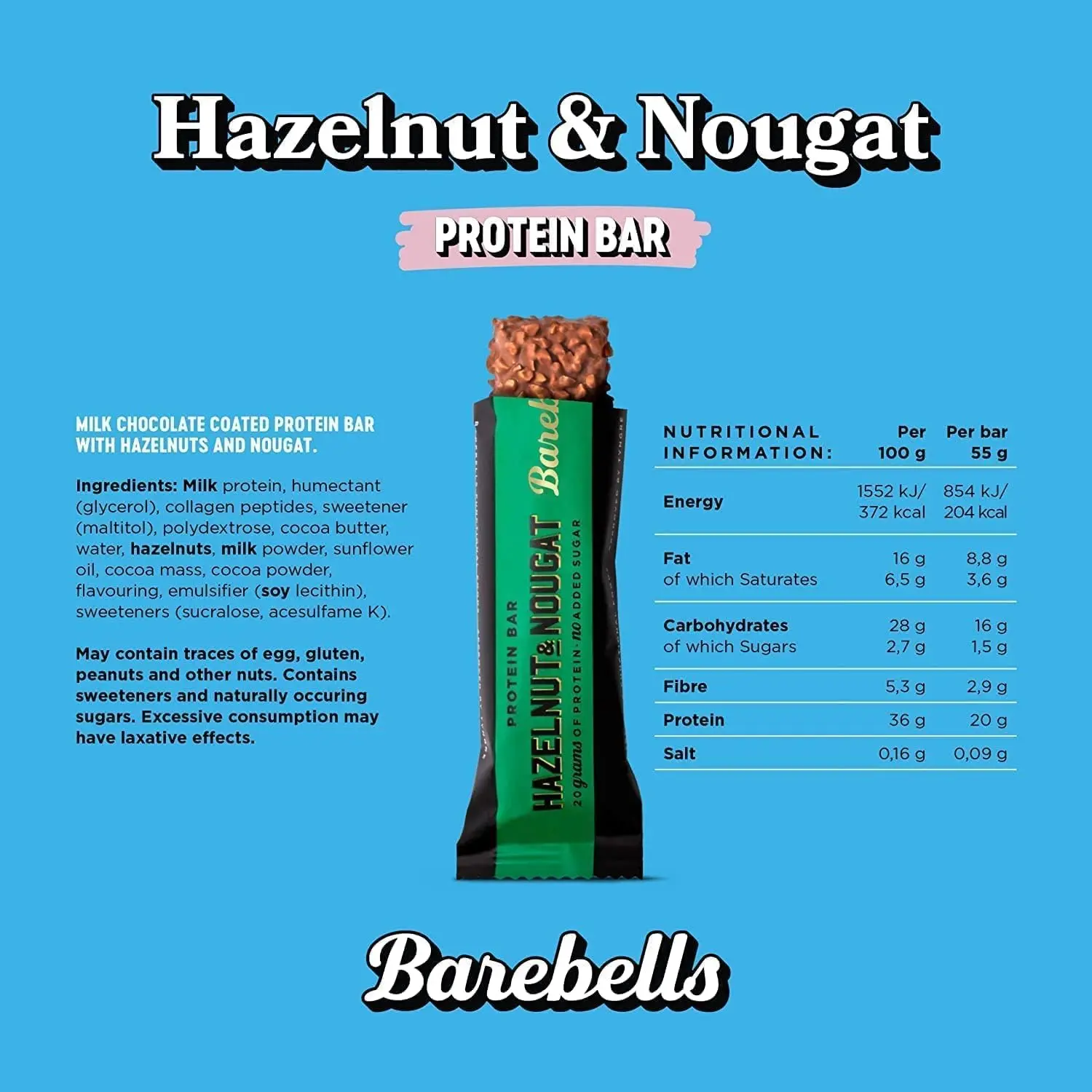 Barebells Hazelnut Nougat protein bar box containing 12 bars, a high protein, low sugar snack with creamy milk chocolate and hazelnut pieces.