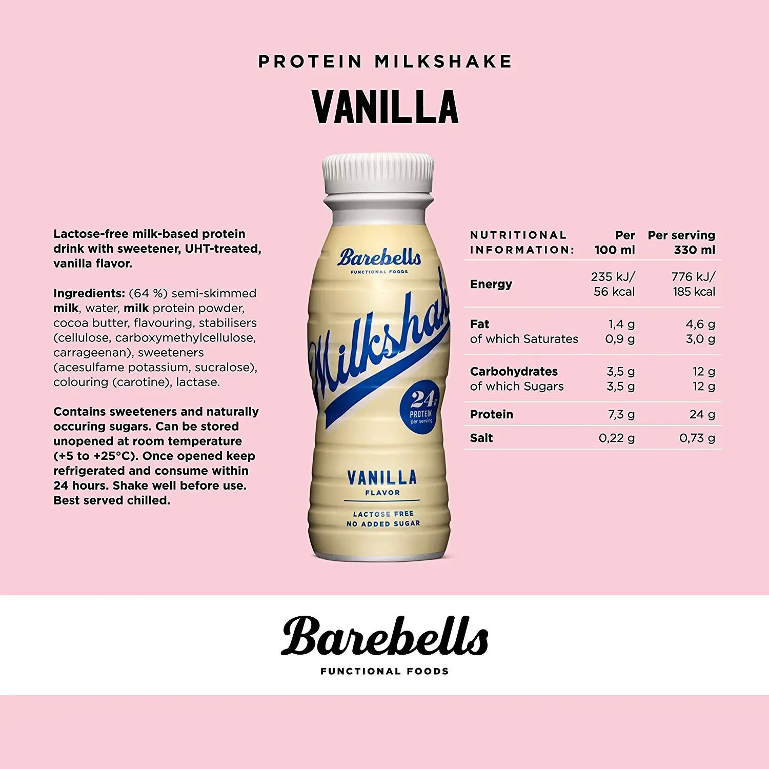 Eight bottles of Barebells vanilla flavored protein milkshake, a lactose-free high protein drink with no added sugar.