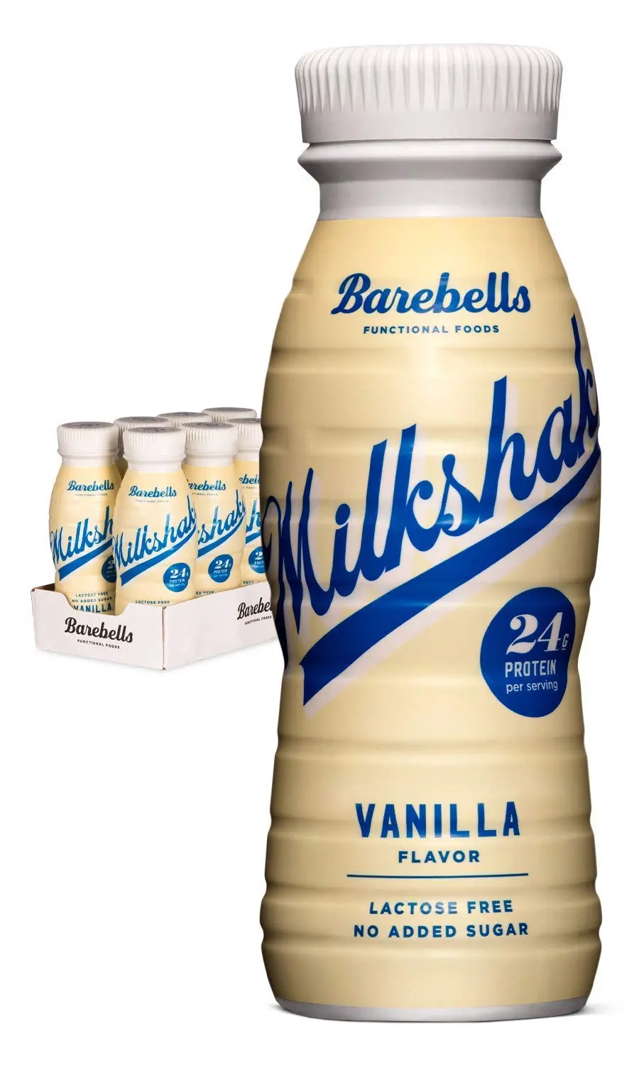 Eight bottles of Barebells vanilla flavored protein milkshake, a lactose-free high protein drink with no added sugar.