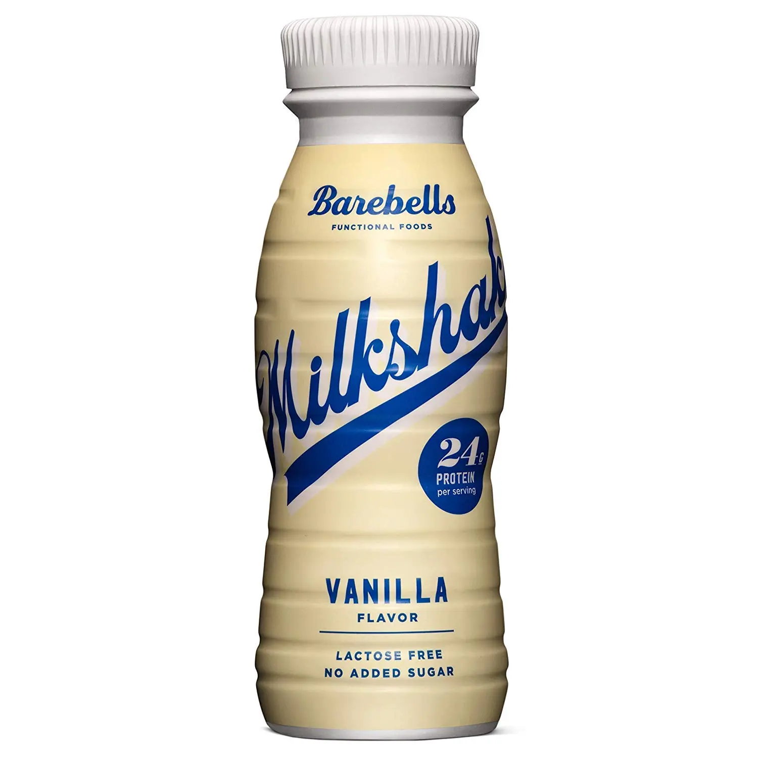 Eight bottles of Barebells vanilla flavored protein milkshake, a lactose-free high protein drink with no added sugar.