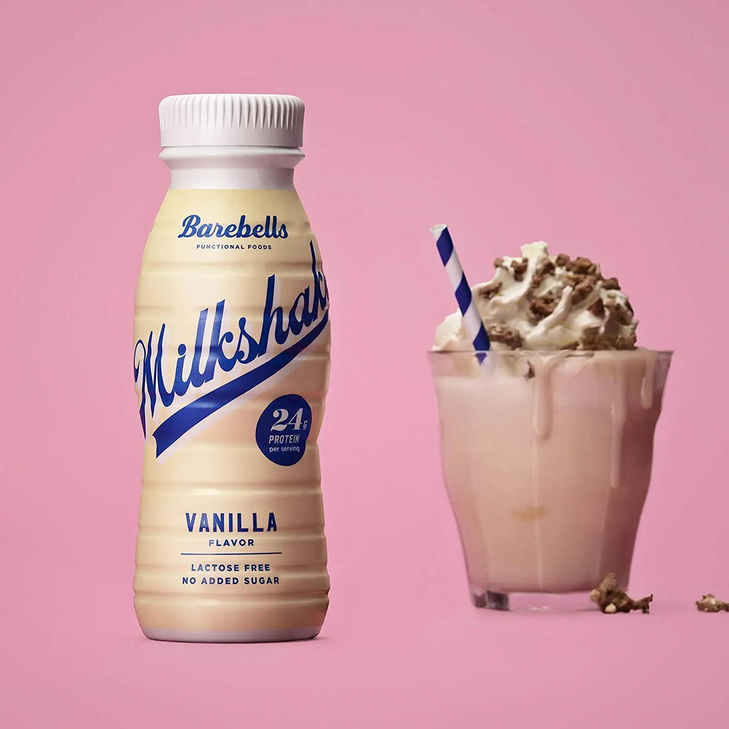 Eight bottles of Barebells vanilla flavored protein milkshake, a lactose-free high protein drink with no added sugar.