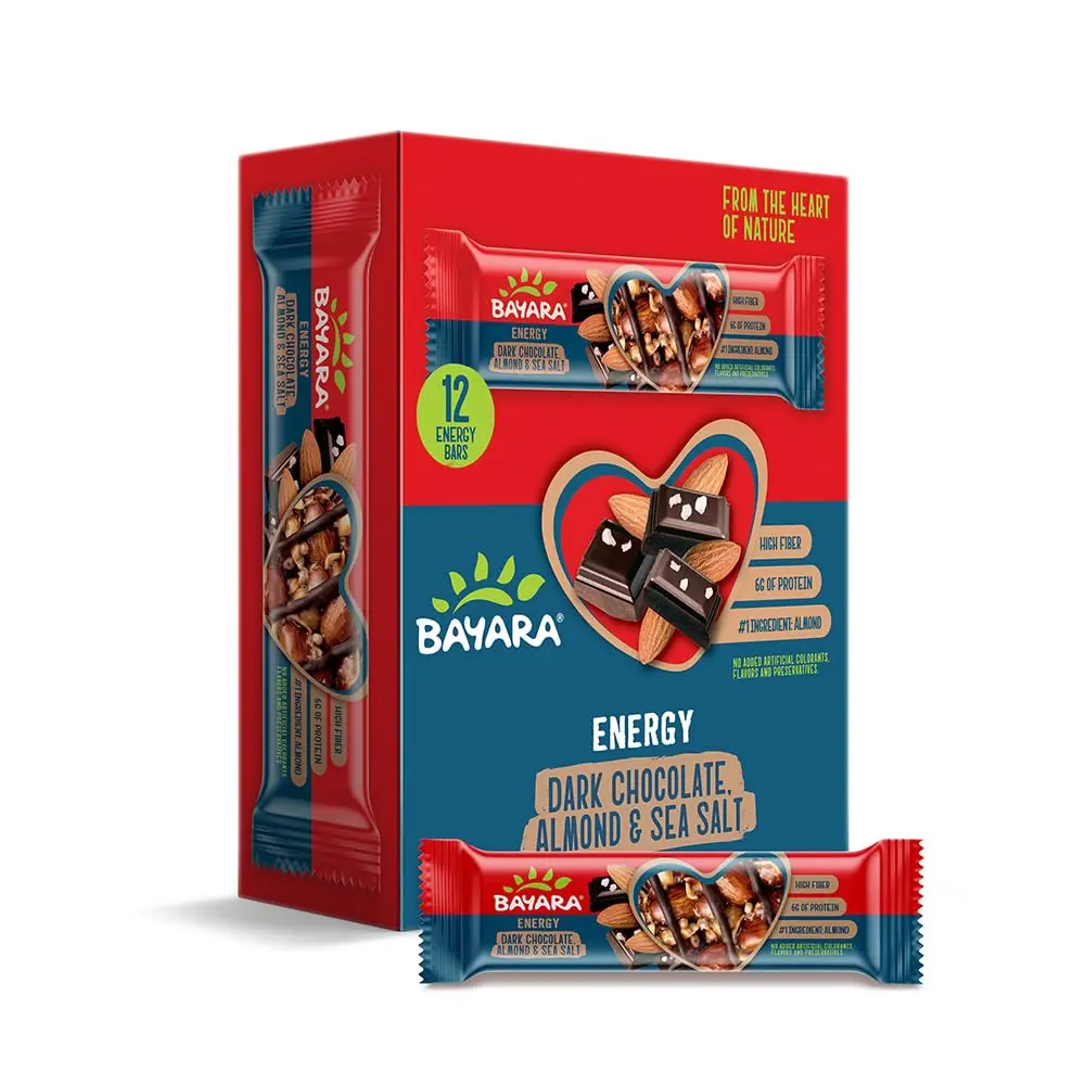 Bayara Dark Chocolate Almond and Sea Salt energy bars offer a delicious and healthy snack with 6g of protein and fiber, made in the UAE with no artificial additives.
