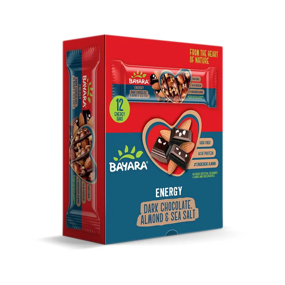 Bayara Dark Chocolate Almond and Sea Salt energy bars offer a delicious and healthy snack with 6g of protein and fiber, made in the UAE with no artificial additives.