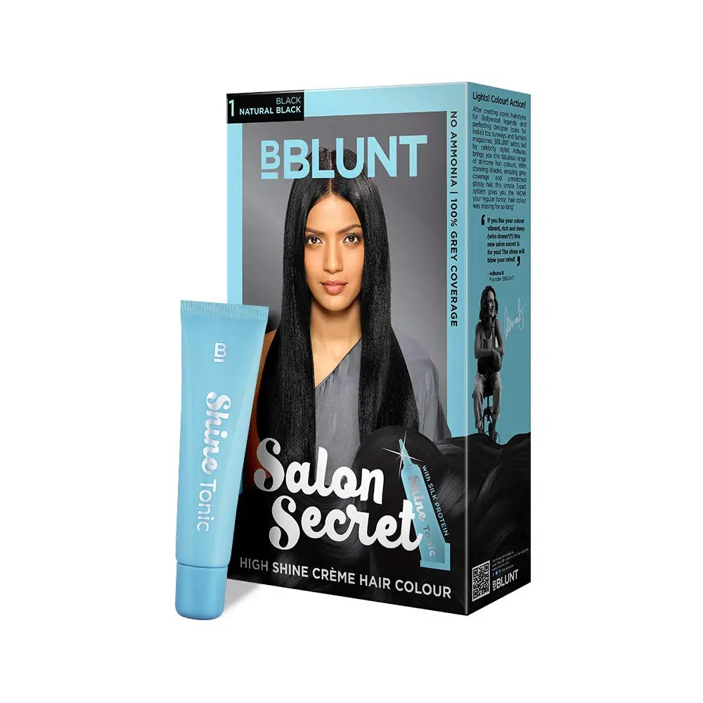 BBLUNT Natural Black hair colour provides 100% grey coverage and long-lasting shine for up to 8 weeks, specially formulated for Indian hair with an ammonia-free formula and added Shine Tonic.