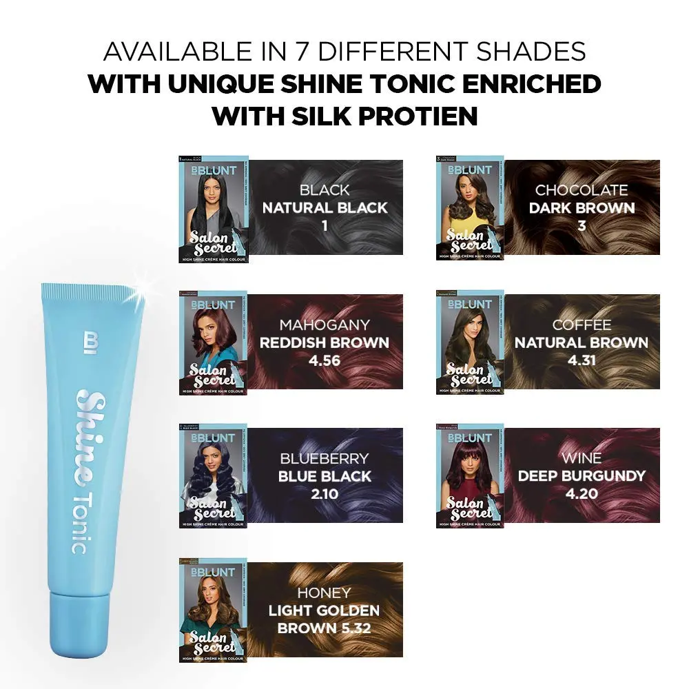BBLUNT Natural Black hair colour provides 100% grey coverage and long-lasting shine for up to 8 weeks, specially formulated for Indian hair with an ammonia-free formula and added Shine Tonic.