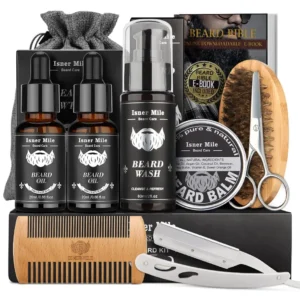 This beard grooming kit for men includes beard shampoo, oil, balm, brush, comb, and scissors to keep your beard healthy, soft, and well-groomed, making it a perfect gift for any bearded man.