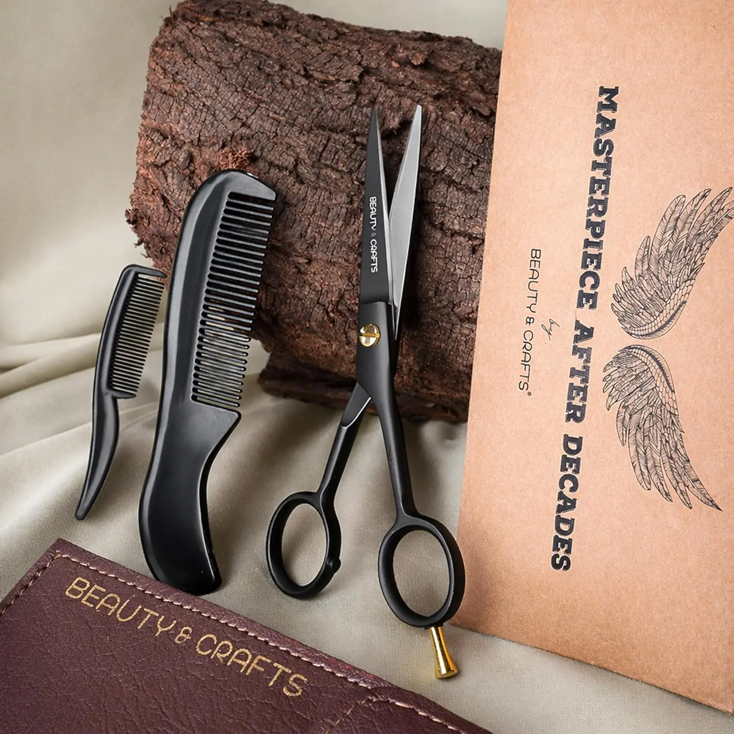 This beard and mustache grooming kit features premium German steel scissors, two combs, and a travel pouch for precise facial hair trimming and styling.