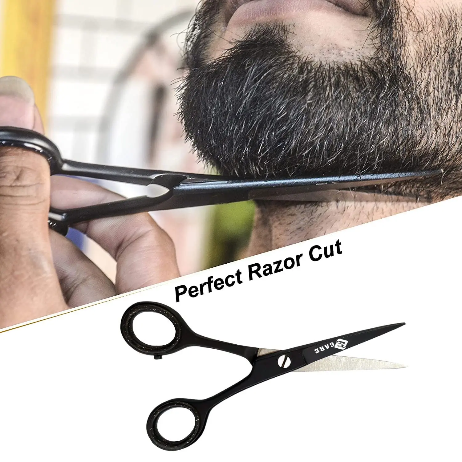 Stainless steel beard and moustache grooming scissors for men, ideal for precise hair cutting, hairdressing, and nose hair trimming.