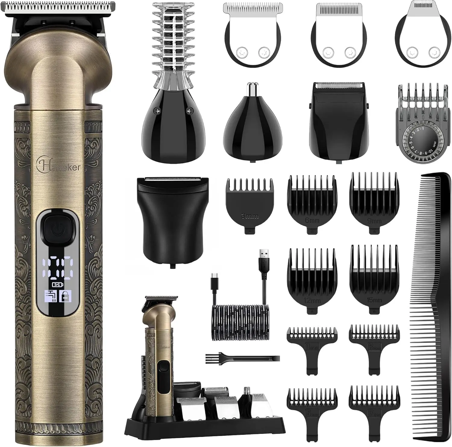 This Hatteker 8-in-1 grooming kit includes a beard trimmer, hair clipper with guide combs, T-blade trimmer, and other attachments for nose, ear, body, and face grooming for men.