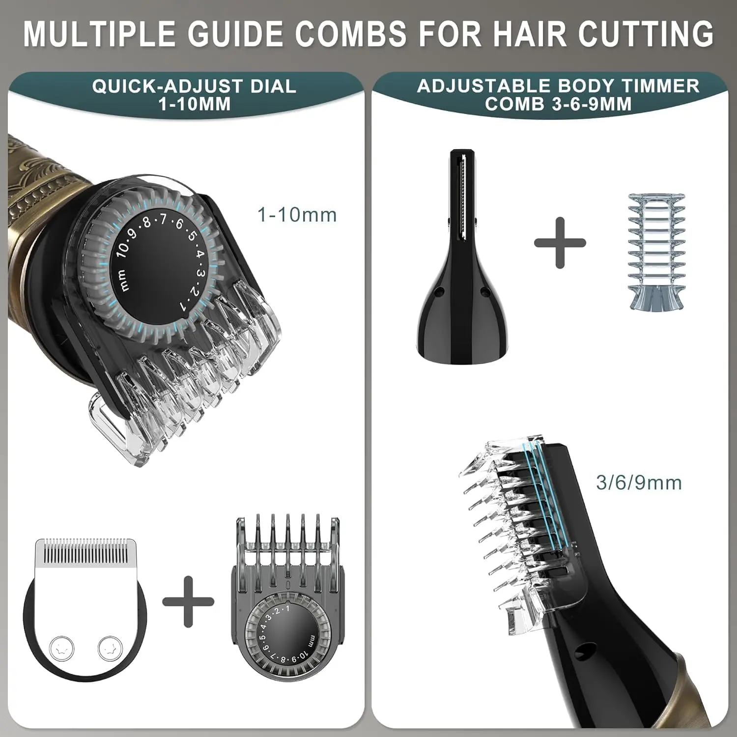 This Hatteker 8-in-1 grooming kit includes a beard trimmer, hair clipper with guide combs, T-blade trimmer, and other attachments for nose, ear, body, and face grooming for men.