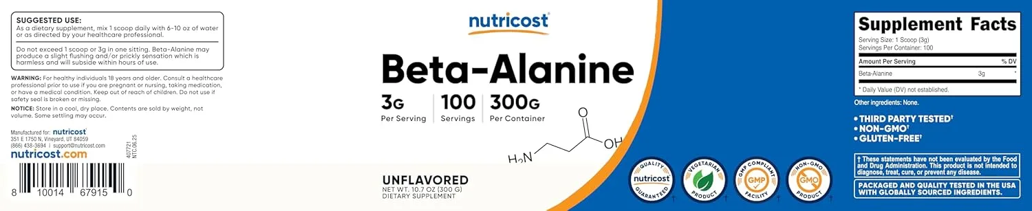 Nutricost Beta Alanine Powder - 300 Grams, 3g Per Serving - Image 6