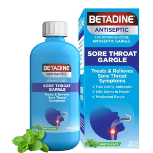 Betadine antiseptic medicated gargle with mint flavor provides fast-acting relief for sore throat symptoms and temporarily reduces germs.