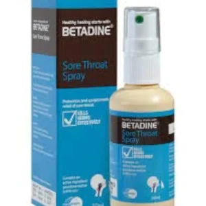 Bottle of Betadine Sore Throat Spray for adults, used to relieve sore throat pain and inflammation.