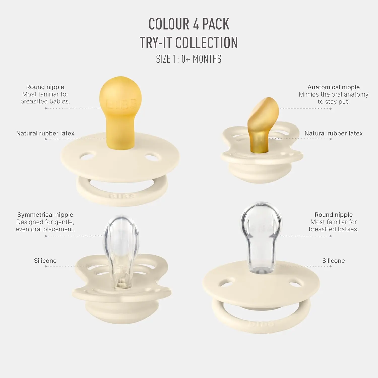 This Bibs baby pacifier try-it box contains four BPA-free pacifiers in ivory, featuring natural rubber and silicone nipples designed for sensitive mouths and babies up to 6 months old.