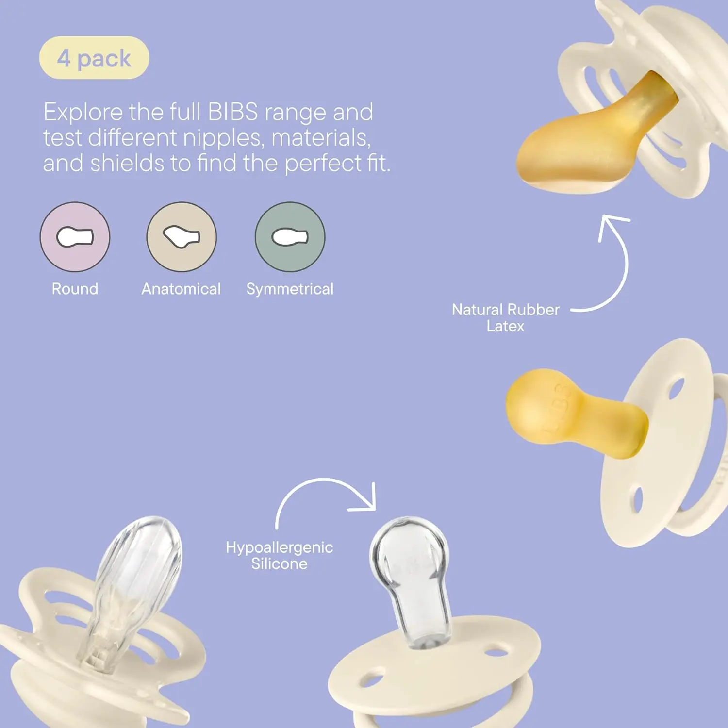 This Bibs baby pacifier try-it box contains four BPA-free pacifiers in ivory, featuring natural rubber and silicone nipples designed for sensitive mouths and babies up to 6 months old.