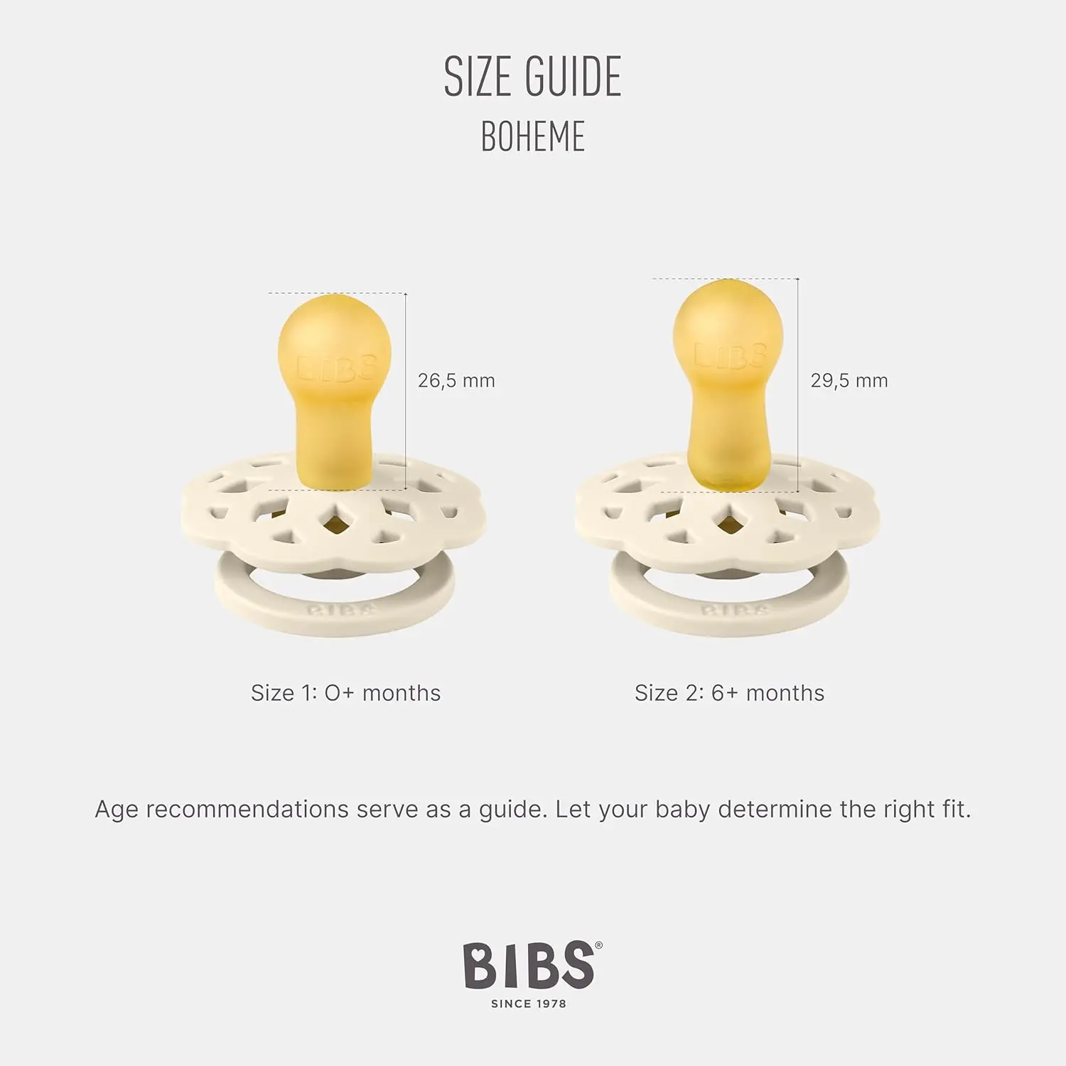 A two-pack of Bibs Boheme pacifiers in blossom and dusky lilac colors, made with a soft, round, natural rubber nipple and a gently curved shield designed to prevent skin irritation.