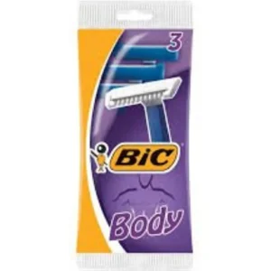 This image shows a pack of Bic Body disposable razors, designed for removing long body hair from sensitive skin areas gently and without causing harm.