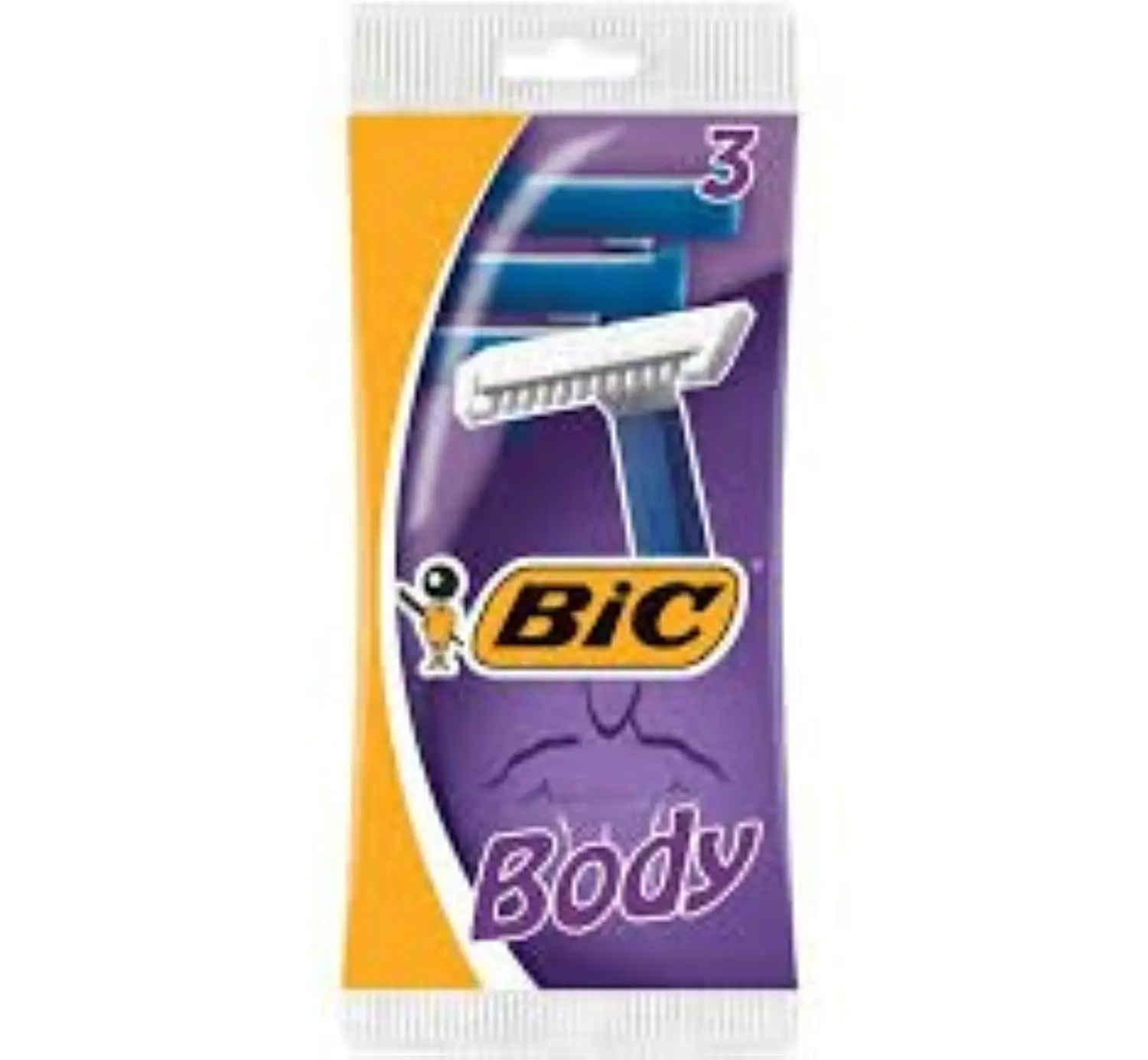 This image shows a pack of Bic Body disposable razors, designed for removing long body hair from sensitive skin areas gently and without causing harm.