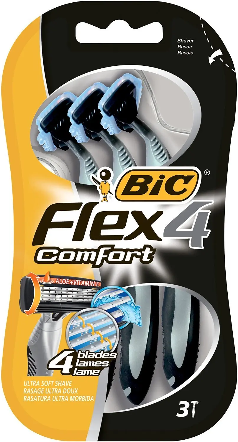Bic Flex 4 men's disposable razor with four flexible blades, lubricating strip with Aloe Vera and ergonomic anti-slip handle for a smooth, close shave.