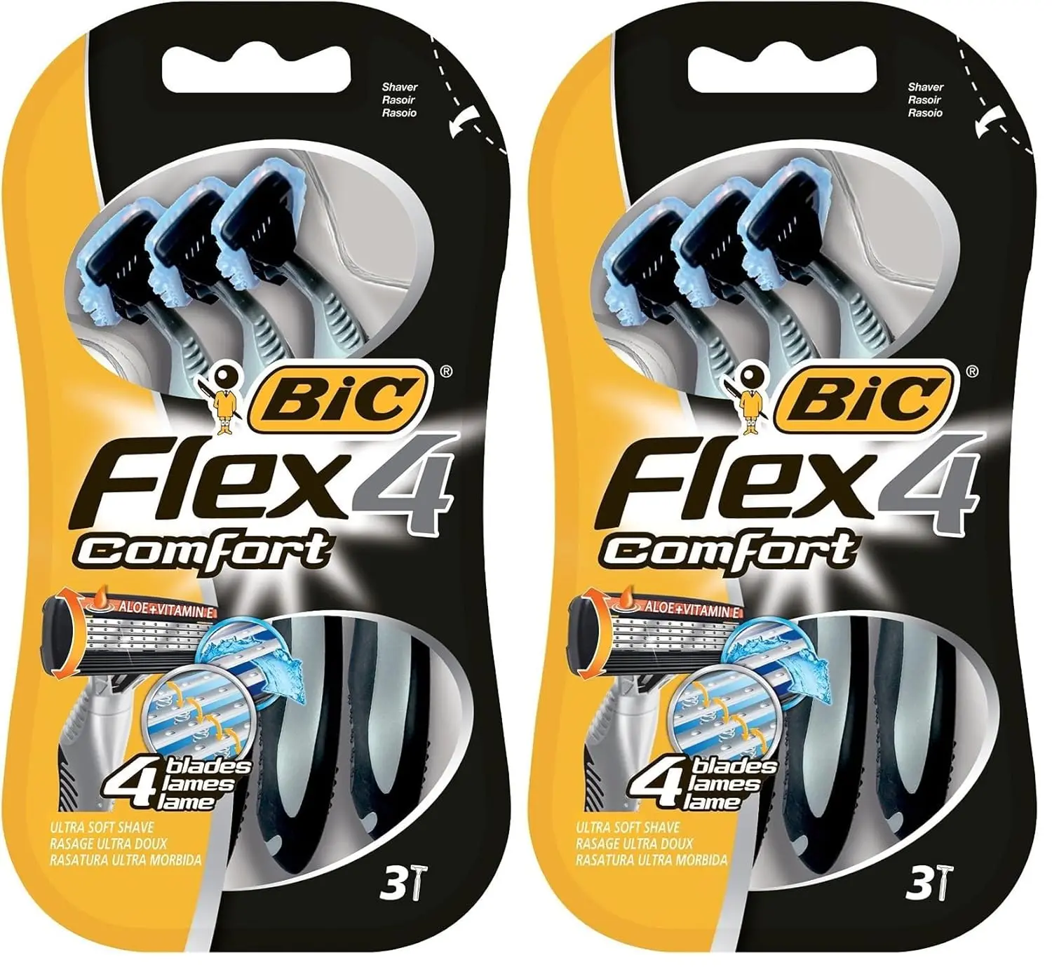 Bic Flex 4 men's disposable razor with four flexible blades, lubricating strip with Aloe Vera and ergonomic anti-slip handle for a smooth, close shave.