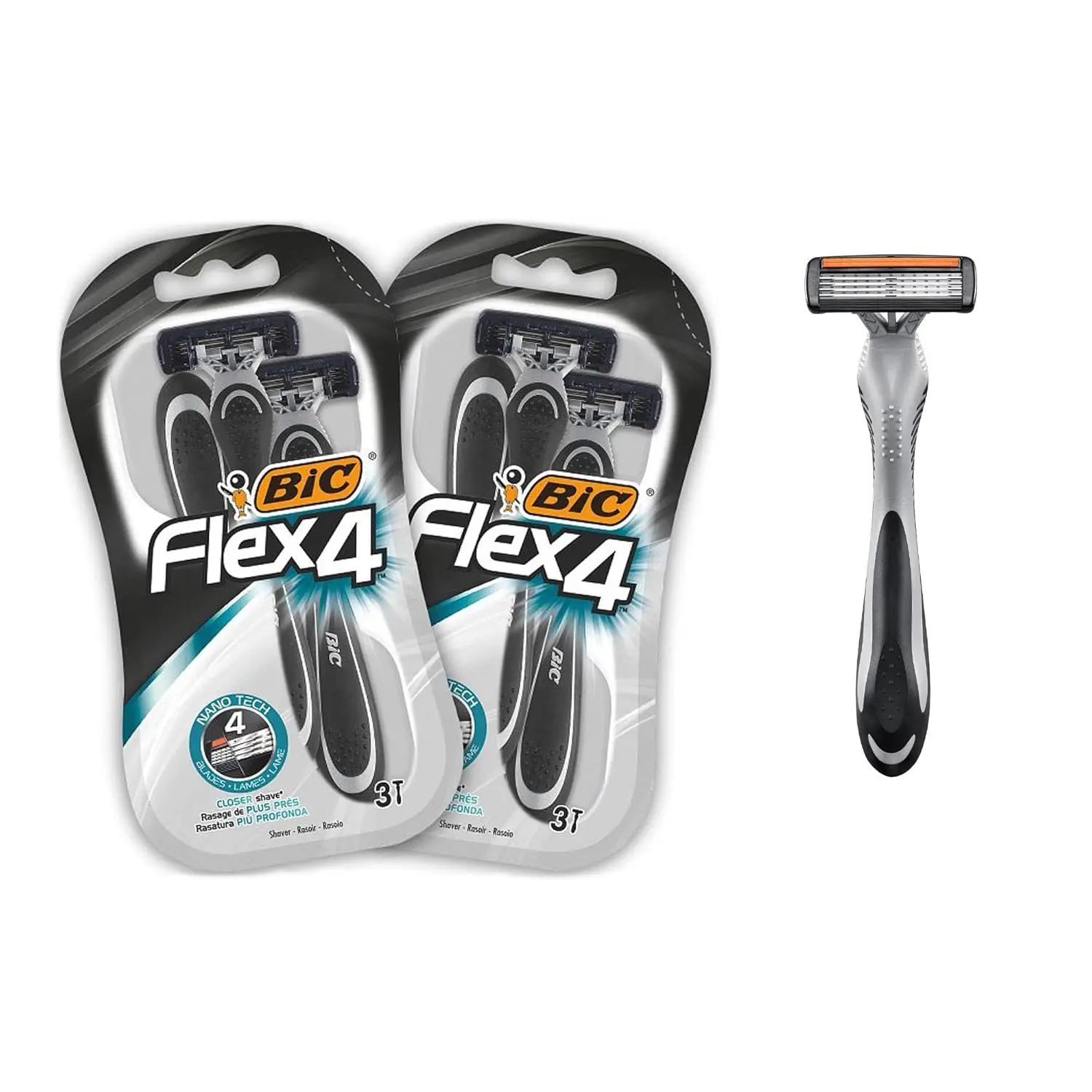 Bic Flex 4 men's disposable razor with four flexible blades, lubricating strip with Aloe Vera and ergonomic anti-slip handle for a smooth, close shave.