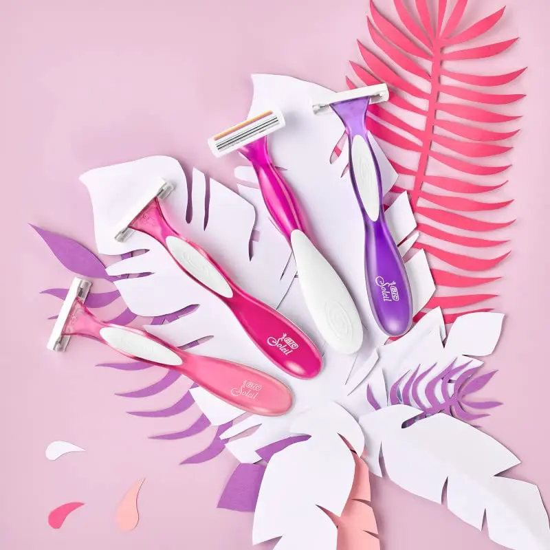 A pack of Bic Soleil Scent disposable razors for women with triple blades, lubricating strip with vitamin E, and fixed head for a close shave.