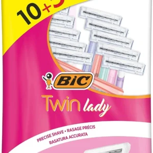 This pack of 15 Bic Twin Lady disposable razors features twin stainless steel blades and a slim head for precision shaving in hard-to-reach areas, providing a close and efficient shave.