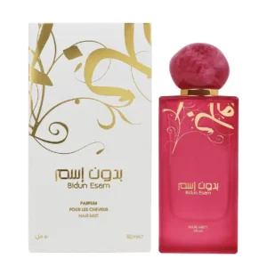 A bottle of Bidun Esam Hair Mist by Ahmed Al Maghribi, a fragrant hair perfume with spicy saffron and rose top notes, white floral heart, and a musky woody base of Cambodian oud and amber.