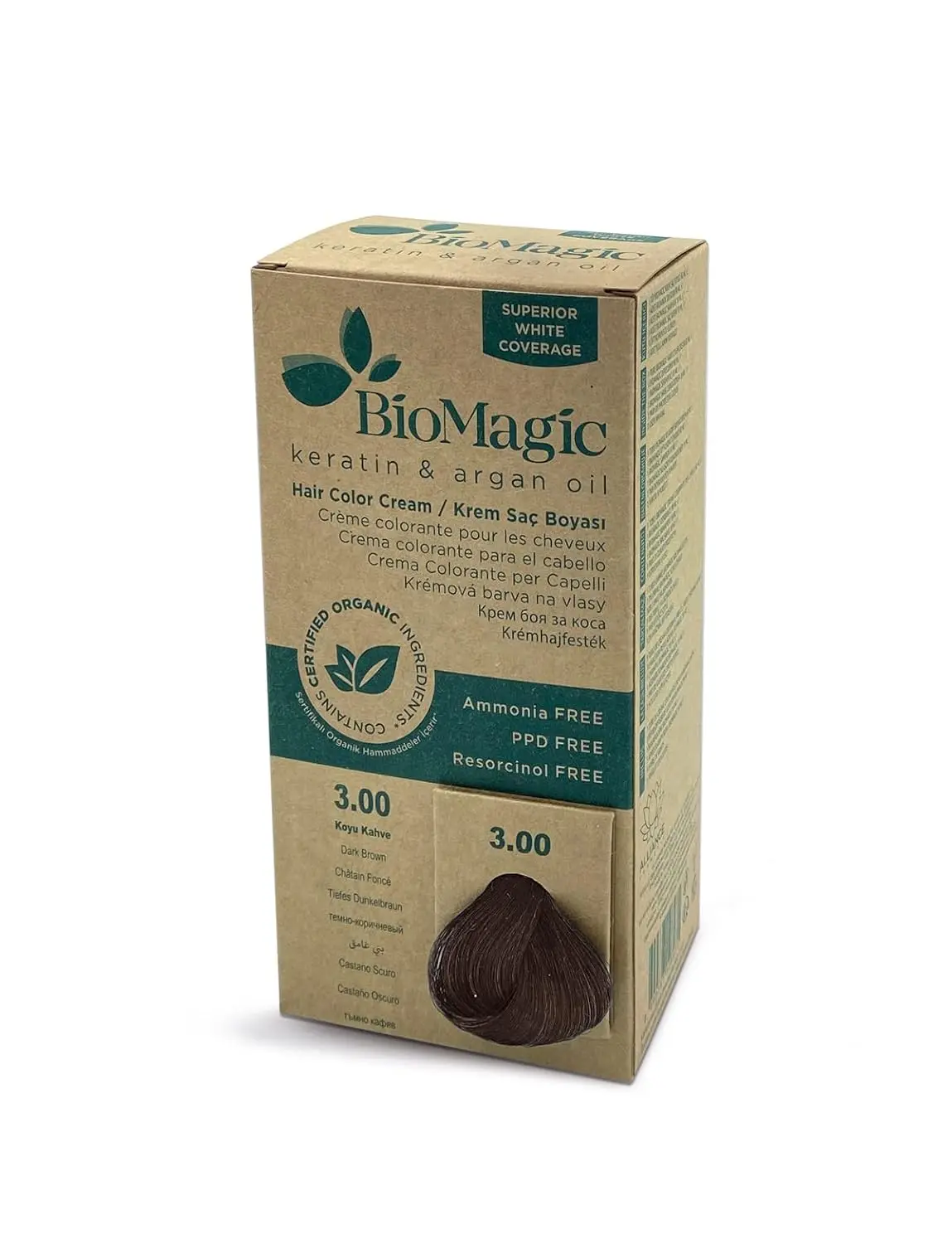 Tube of Biomagic 3/00 dark brown hair color for a chemical-free hair dyeing experience.