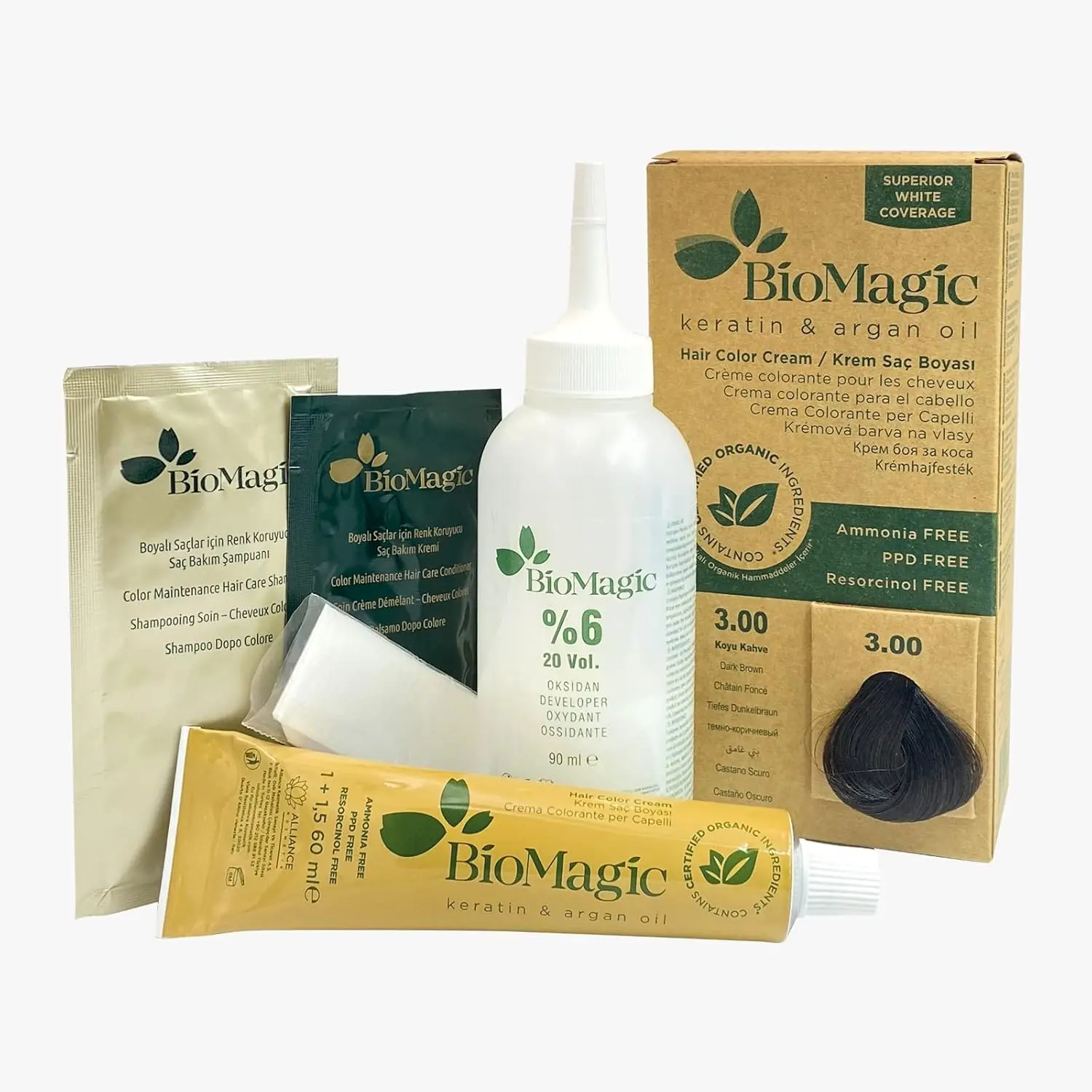 Tube of Biomagic 3/00 dark brown hair color for a chemical-free hair dyeing experience.