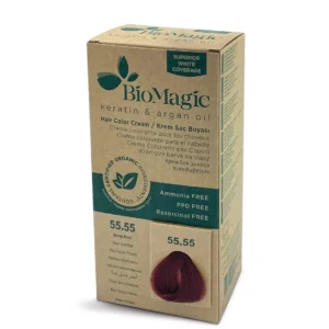 A tube of Biomagic 55/55 Deep Dark Red permanent hair color, offering 60 ml of chemical-free coloring solution.