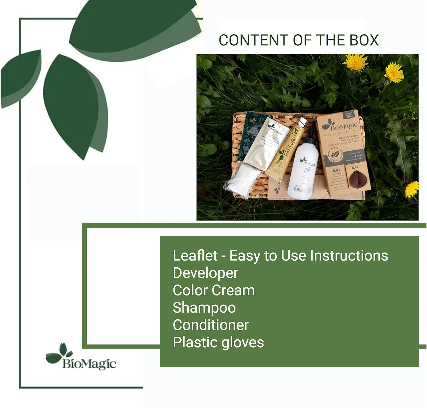 Biomagic permanent hair color in natural brown shade with keratin and argan oil for healthy, shiny hair and white coverage.