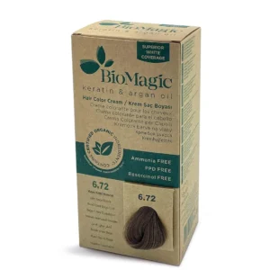 A box of Biomagic permanent hair dye in shade 6/72, Dark Beige Blonde, a no-chemical hair coloring solution.