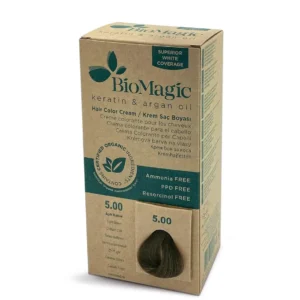 A box of Biomagic permanent hair color in light brown, shade 5/00, a no-chemical formula in a 60 ml size.