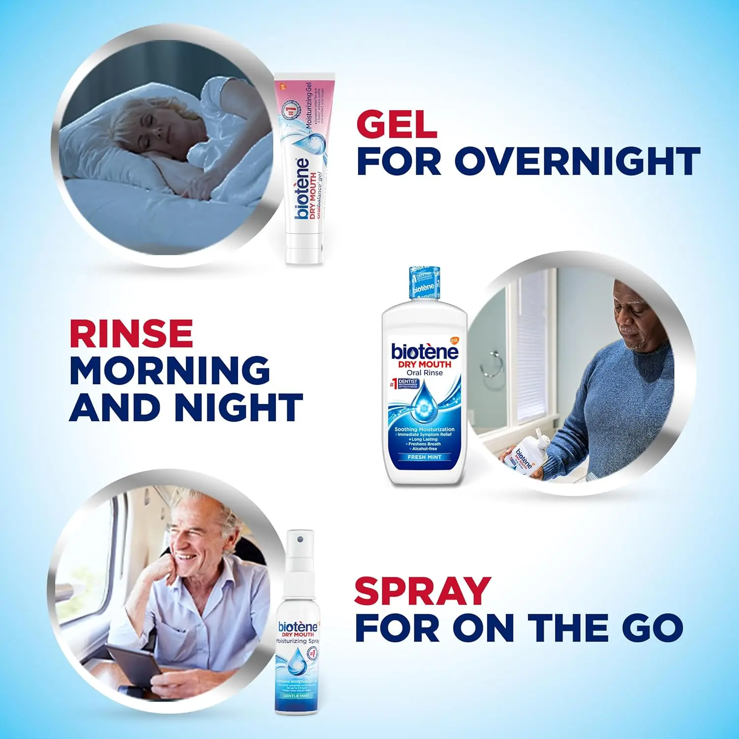 The biotène Dry Mouth Kit includes oral rinse, dry mouth spray, and moisturizing gel to provide relief from dry mouth symptoms, freshen breath, and protect oral tissues.