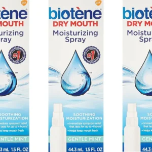 Three bottles of biotène Dry Mouth Moisturizing Spray in Gentle Mint flavor, the dentist and hygienist-recommended solution for immediate and long-lasting dry mouth relief.