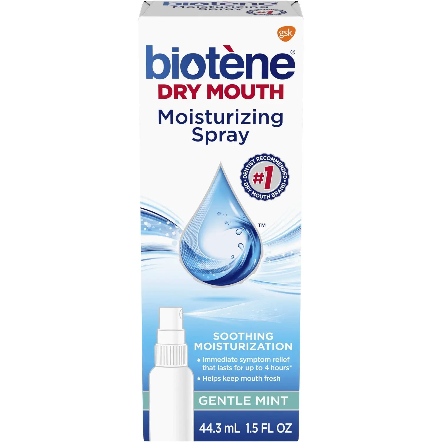 A 1.5 fluid ounce bottle of Biotène gentle mint moisturizing mouth spray, sugar-free, for dry mouth and fresh breath.
