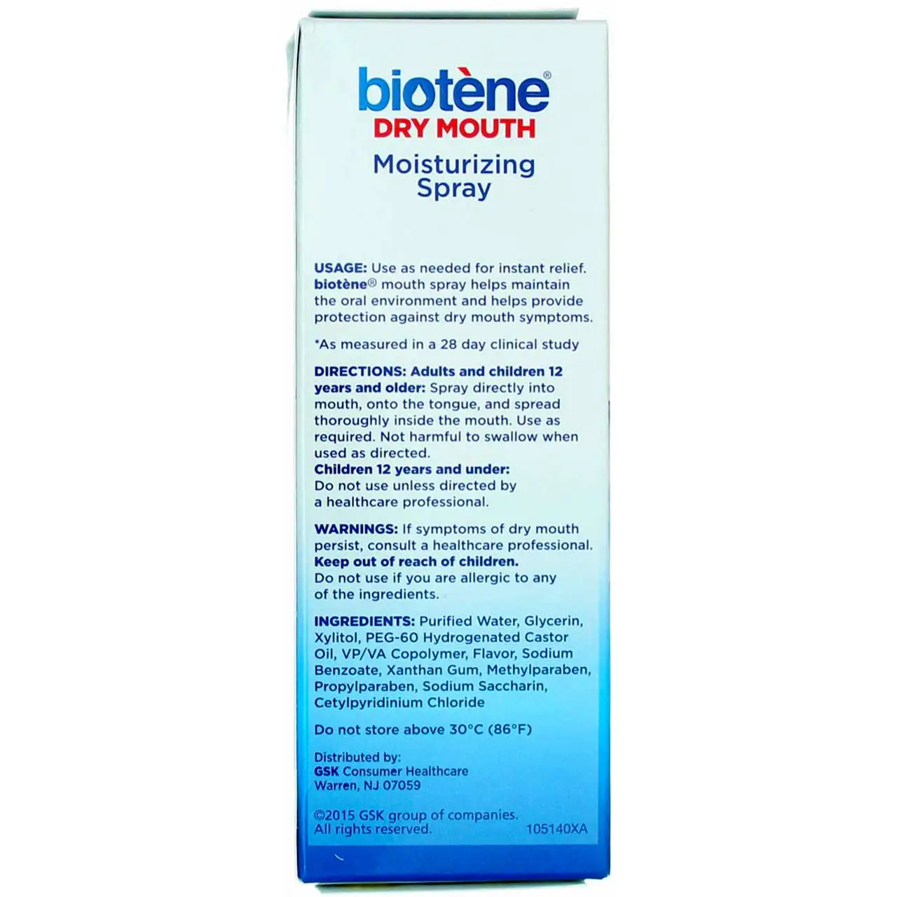 biotène Dry Mouth Spray moisturizes and soothes dry mouth while freshening breath with a gentle mint flavor in a convenient, portable size.