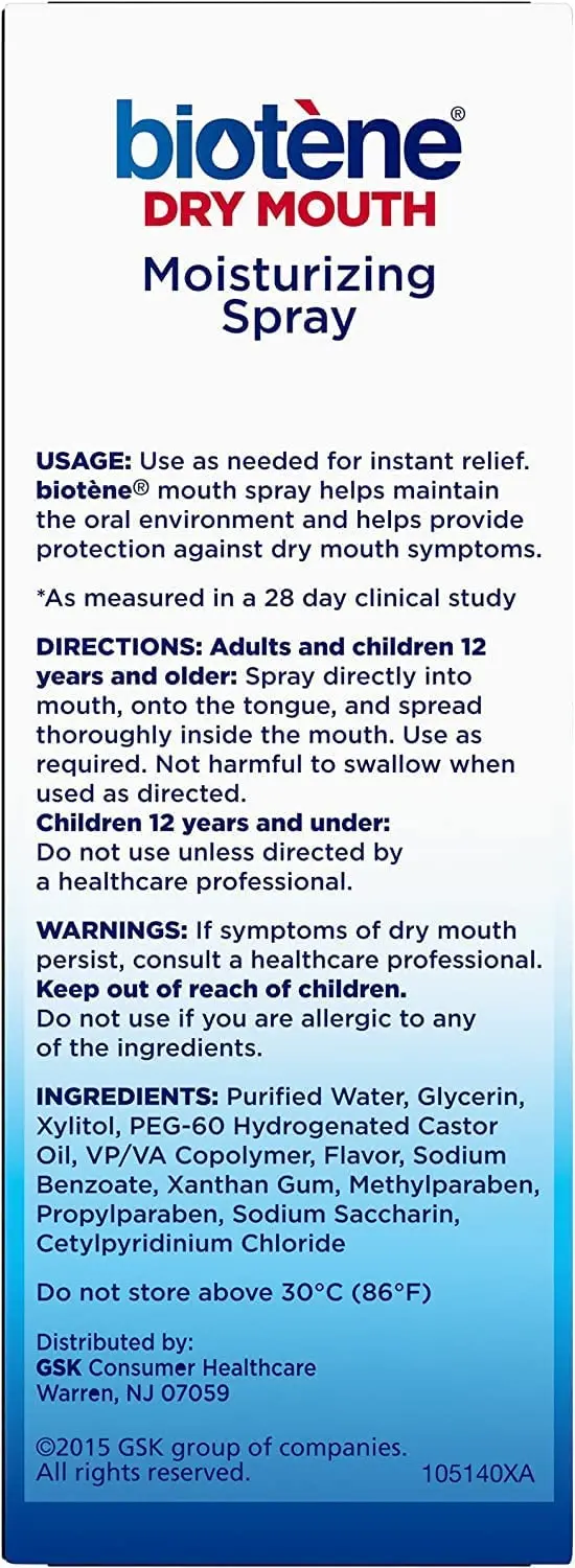 A 1.5 fluid ounce bottle of Biotène gentle mint moisturizing mouth spray, sugar-free, for dry mouth and fresh breath.
